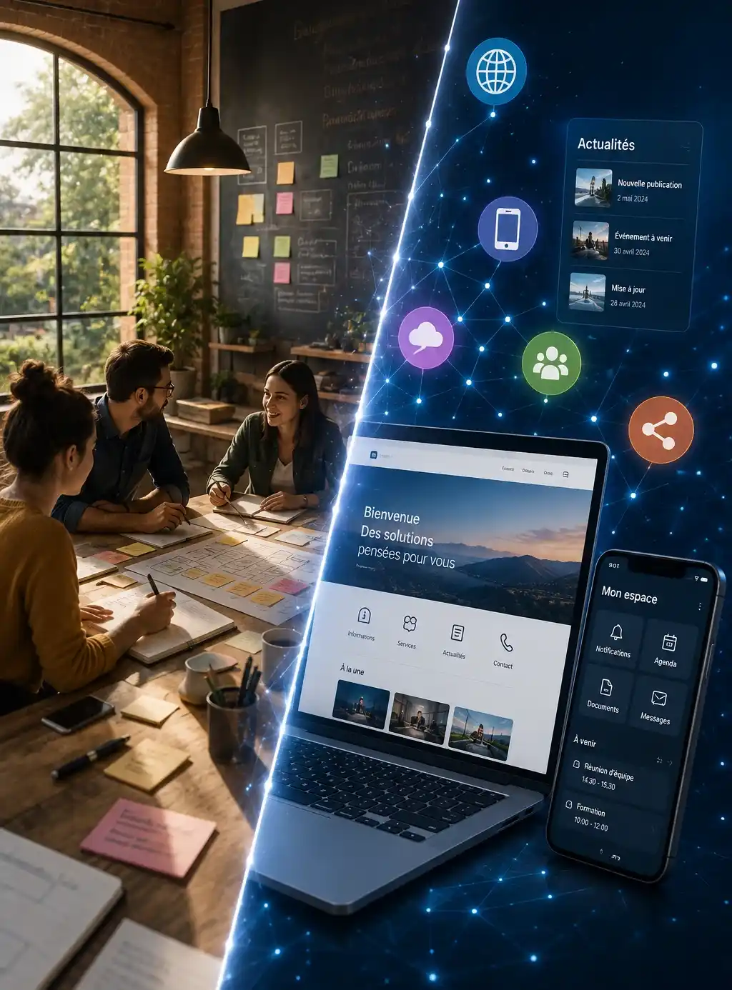 Une agora physique et numérique reliant échanges humains, site internet, application mobile et information en ligne