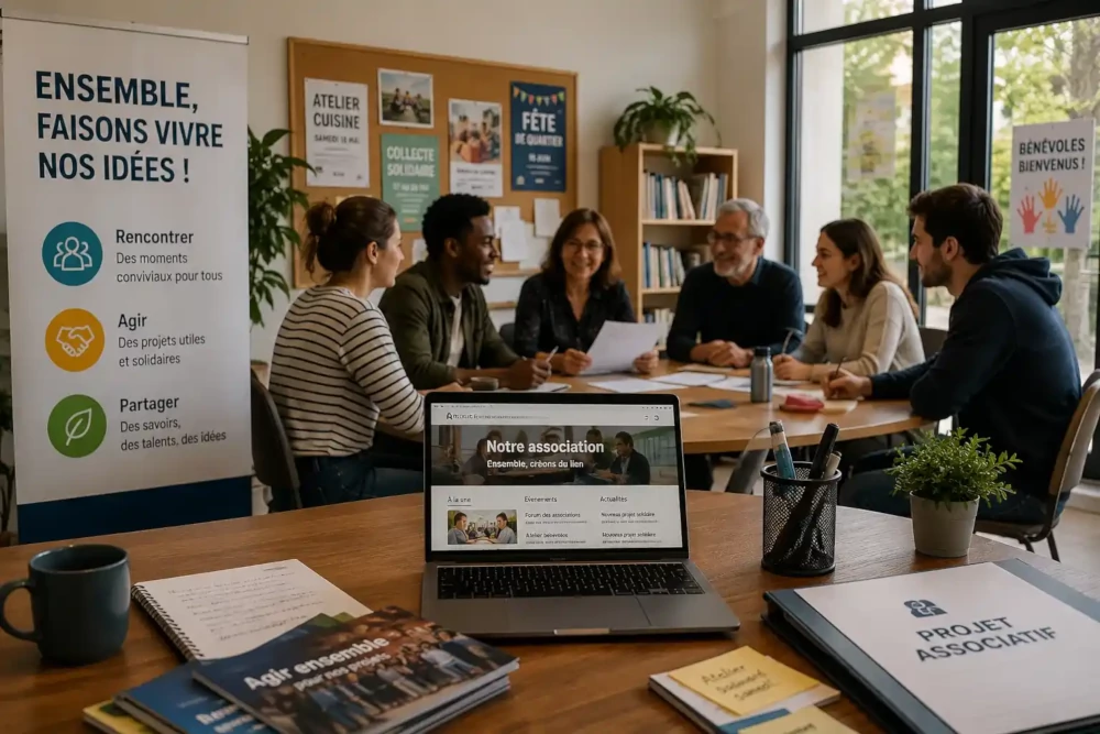 Réunion d'une association autour de projets et d'outils de communication numérique