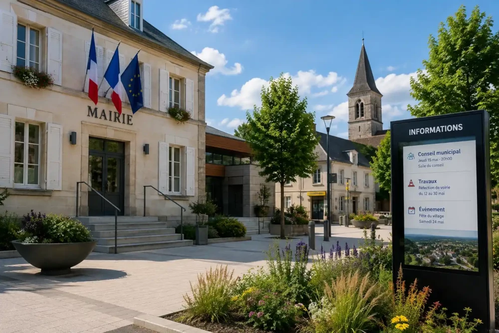 Mairie et espace public avec panneau d'information numérique