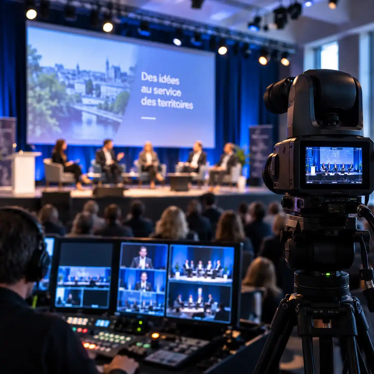 Captation multicaméra d'une conférence avec caméra, régie vidéo et plusieurs intervenants