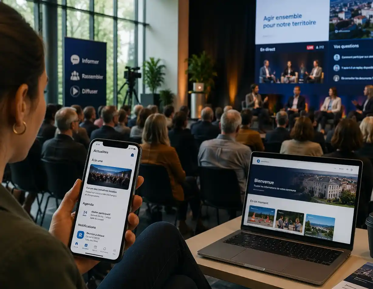 Public assistant à un événement, avec application mobile, site internet et diffusion en direct