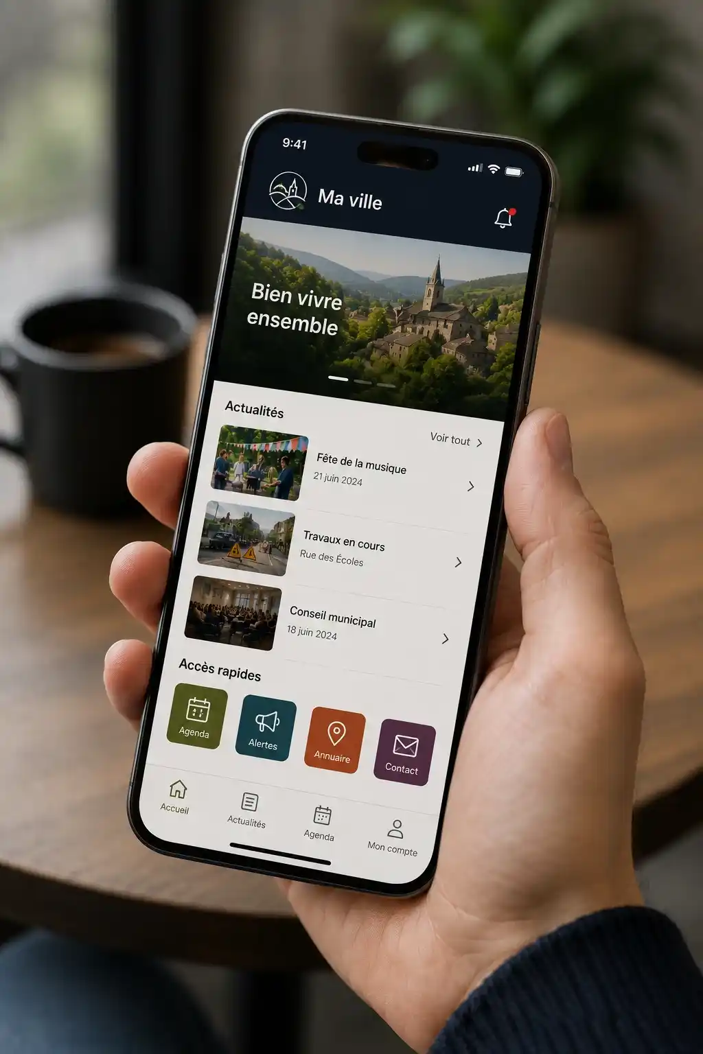 Application mobile d'une collectivité affichant actualités, agenda, alertes et informations pratiques