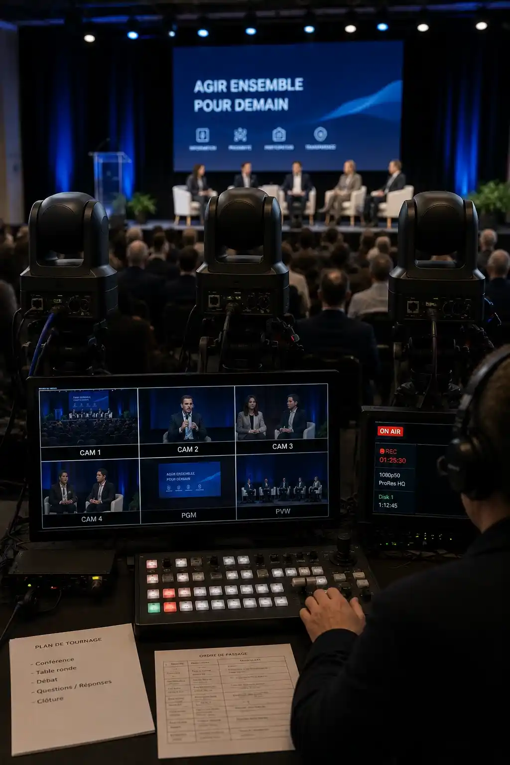 Captation multicaméra d'une conférence avec trois caméras PTZ et une régie vidéo professionnelle