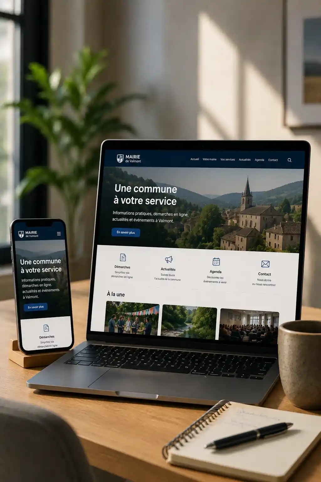 Site internet responsive d'une collectivité affiché sur ordinateur et smartphone