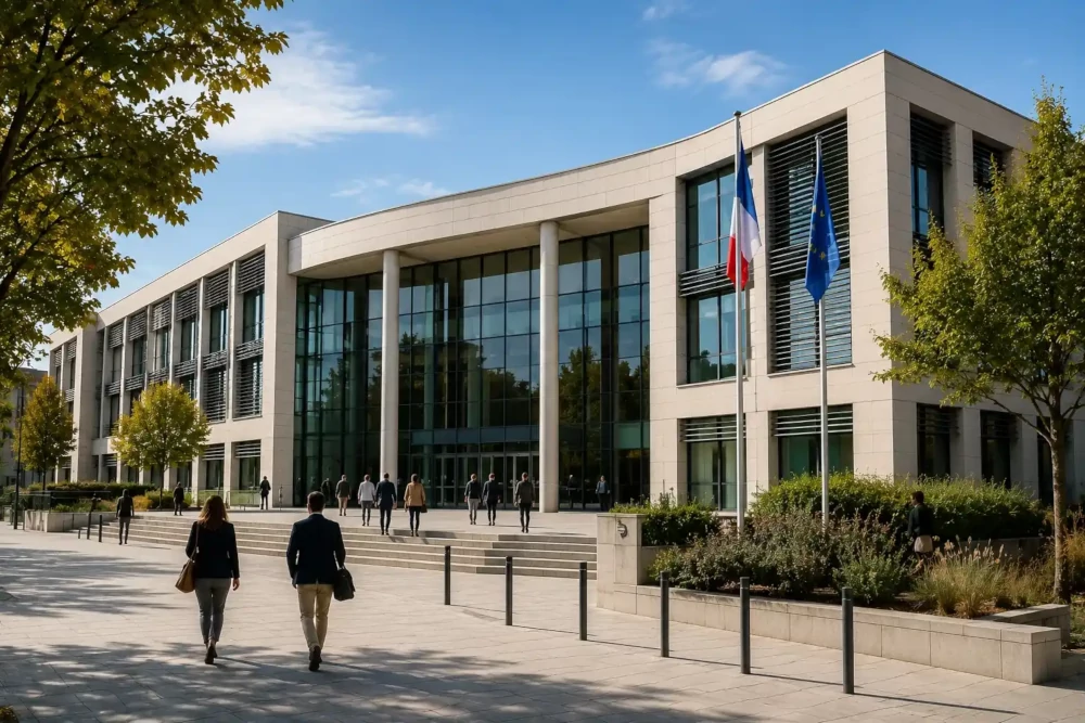Bâtiment institutionnel contemporain avec drapeaux français et européen
