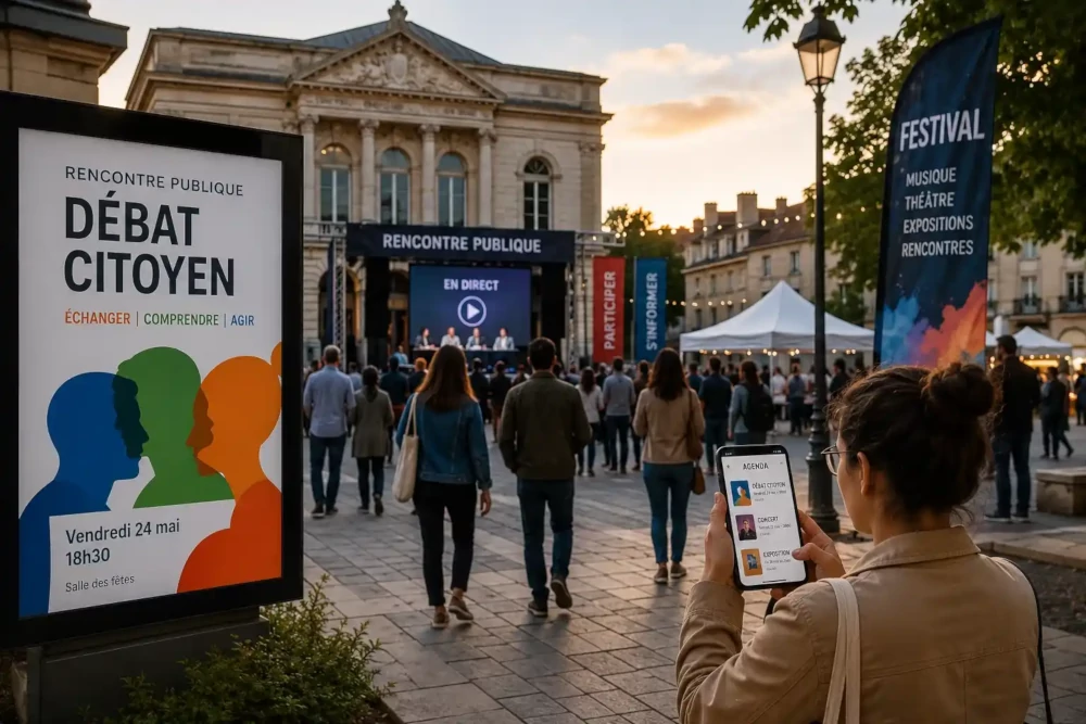 Rencontre citoyenne et culturelle sur une place publique avec information numérique et diffusion en direct